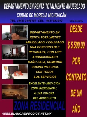 noe Avisos gratis en Mexico lindo en Morelia |  Departamento en zona residencial en renta totalmente amueblado., Departamento en zona residencial en renta totalmente amueblado.